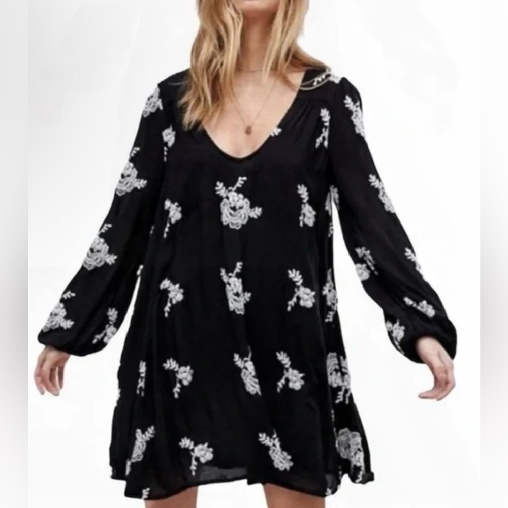 Free People Austin Emma Black and White Floral Embroidery Mini Dress - Size S